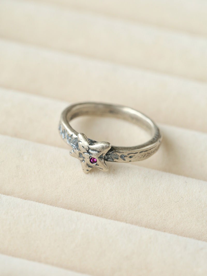 Retro Grunge Starburst & Charm Ring - Handcrafted S925 Sterling Silver Ring with Fuchsia CZ - floysun