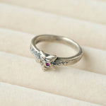 Retro Grunge Starburst & Charm Ring - Handcrafted S925 Sterling Silver Ring with Fuchsia CZ - floysun