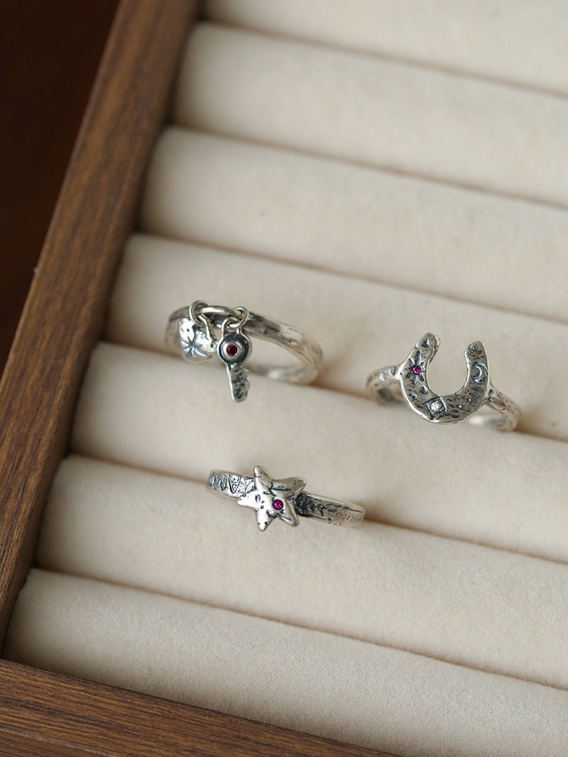 Retro Grunge Starburst & Charm Ring - Handcrafted S925 Sterling Silver Ring with Fuchsia CZ - floysun
