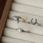 Retro Grunge Starburst & Charm Ring - Handcrafted S925 Sterling Silver Ring with Fuchsia CZ - floysun