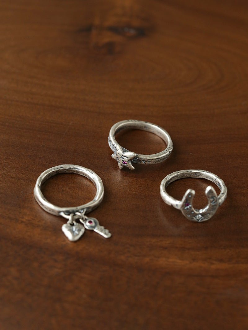 Retro Grunge Starburst & Charm Ring - Handcrafted S925 Sterling Silver Ring with Fuchsia CZ - floysun