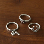 Retro Grunge Starburst & Charm Ring - Handcrafted S925 Sterling Silver Ring with Fuchsia CZ - floysun