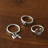 Retro Grunge Starburst & Charm Ring - Handcrafted S925 Sterling Silver Ring with Fuchsia CZ - floysun