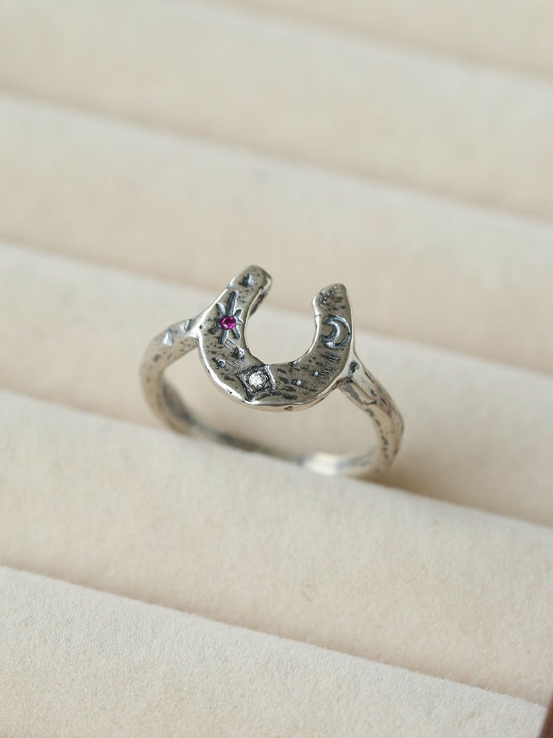 Retro Grunge Starburst & Charm Ring - Handcrafted S925 Sterling Silver Ring with Fuchsia CZ - floysun