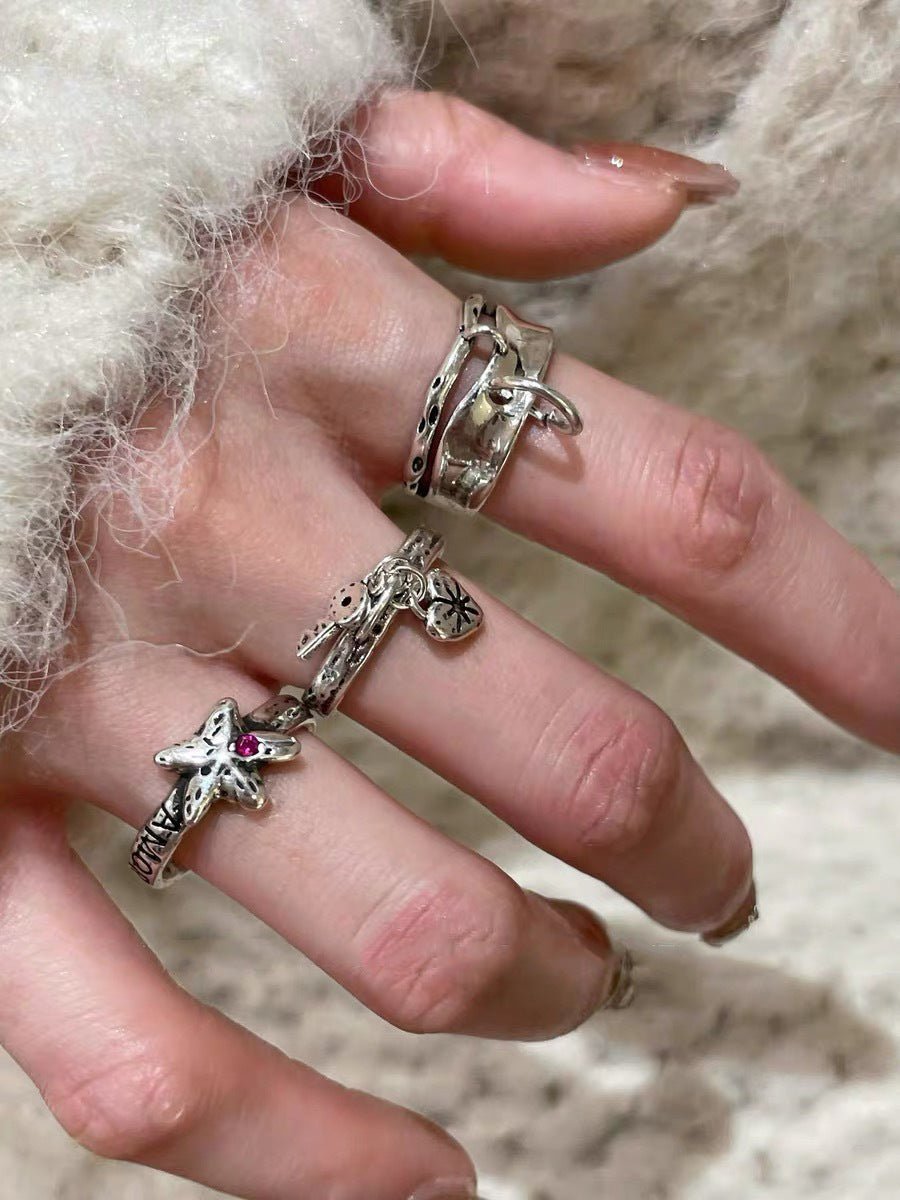 Retro Grunge Starburst & Charm Ring - Handcrafted S925 Sterling Silver Ring with Fuchsia CZ - floysun
