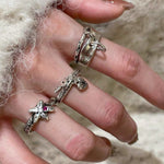 Retro Grunge Starburst & Charm Ring - Handcrafted S925 Sterling Silver Ring with Fuchsia CZ - floysun