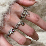 Retro Grunge Starburst & Charm Ring - Handcrafted S925 Sterling Silver Ring with Fuchsia CZ - floysun