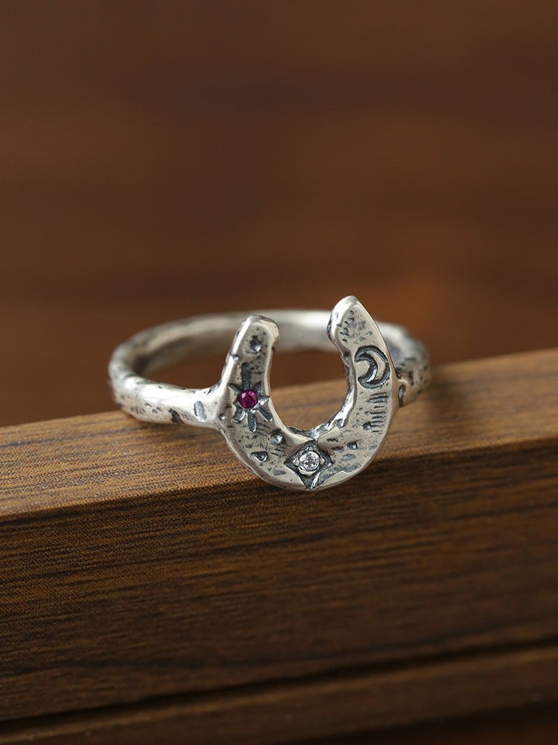Retro Grunge Starburst & Charm Ring - Handcrafted S925 Sterling Silver Ring with Fuchsia CZ - floysun