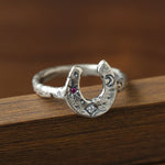 Retro Grunge Starburst & Charm Ring - Handcrafted S925 Sterling Silver Ring with Fuchsia CZ - floysun