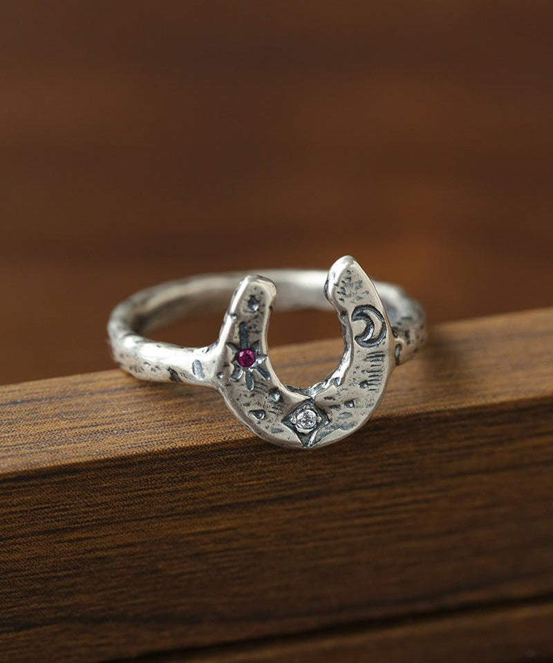 Retro Grunge Starburst & Charm Ring - Handcrafted S925 Sterling Silver Ring with Fuchsia CZ - floysun