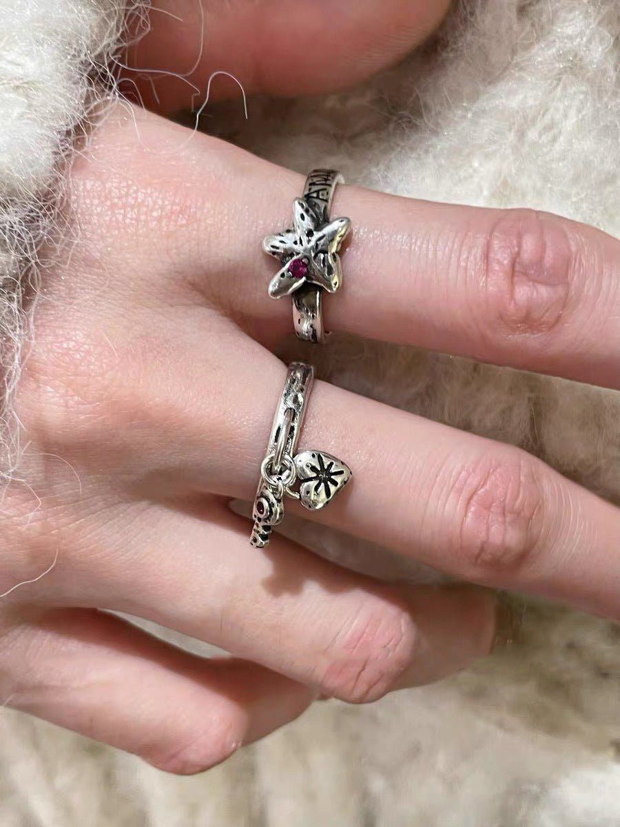 Retro Grunge Starburst & Charm Ring - Handcrafted S925 Sterling Silver Ring with Fuchsia CZ - floysun