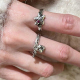 Retro Grunge Starburst & Charm Ring - Handcrafted S925 Sterling Silver Ring with Fuchsia CZ - floysun