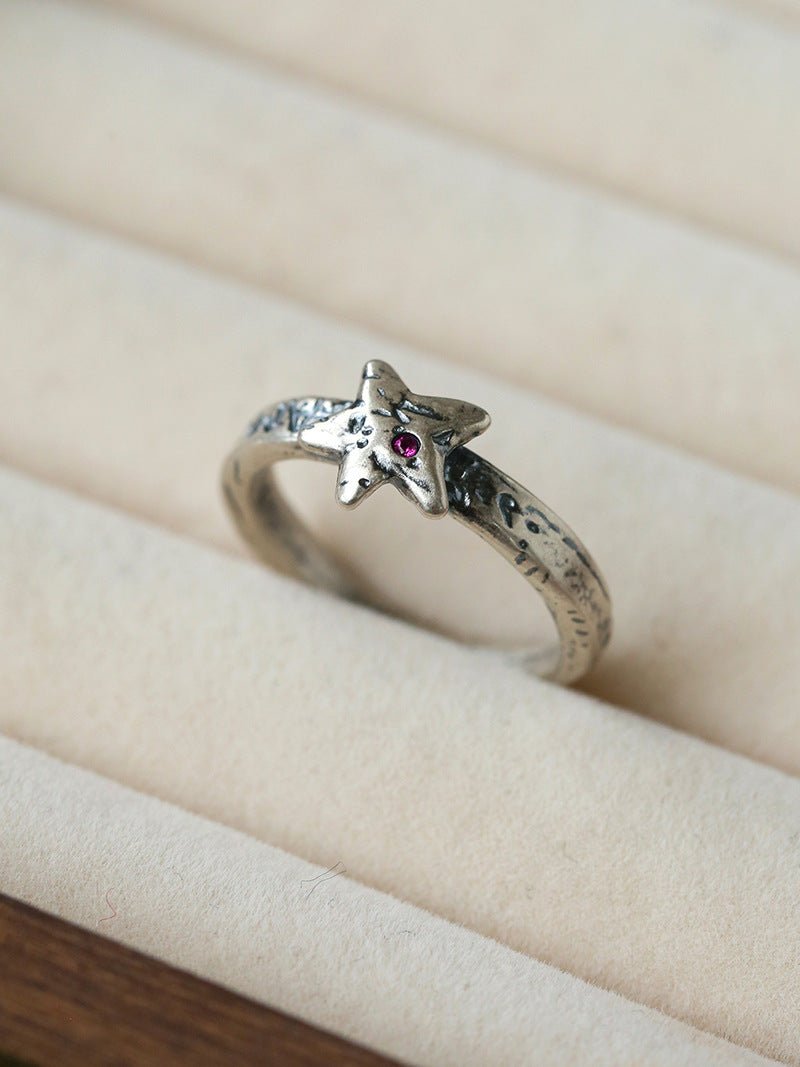 Retro Grunge Starburst & Charm Ring - Handcrafted S925 Sterling Silver Ring with Fuchsia CZ - floysun