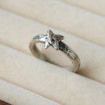 Retro Grunge Starburst & Charm Ring - Handcrafted S925 Sterling Silver Ring with Fuchsia CZ - floysun