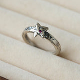 Retro Grunge Starburst & Charm Ring - Handcrafted S925 Sterling Silver Ring with Fuchsia CZ - floysun