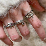 Retro Grunge Starburst & Charm Ring - Handcrafted S925 Sterling Silver Ring with Fuchsia CZ - floysun