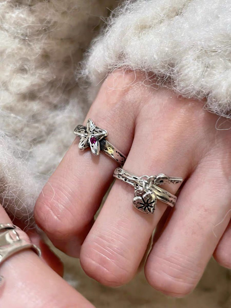 Retro Grunge Starburst & Charm Ring - Handcrafted S925 Sterling Silver Ring with Fuchsia CZ - floysun