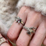 Retro Grunge Starburst & Charm Ring - Handcrafted S925 Sterling Silver Ring with Fuchsia CZ - floysun