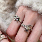 Retro Grunge Starburst & Charm Ring - Handcrafted S925 Sterling Silver Ring with Fuchsia CZ - floysun