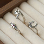 Retro Grunge Starburst & Charm Ring - Handcrafted S925 Sterling Silver Ring with Fuchsia CZ - floysun