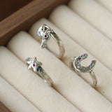 Retro Grunge Starburst & Charm Ring - Handcrafted S925 Sterling Silver Ring with Fuchsia CZ - floysun