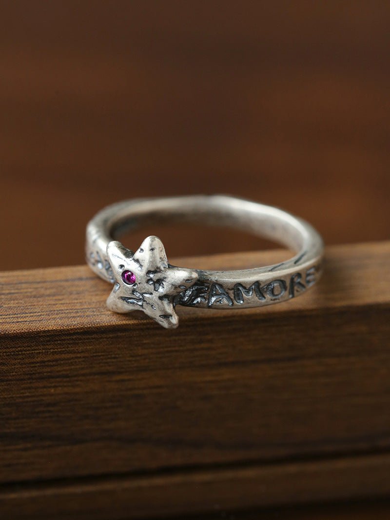 Retro Grunge Starburst & Charm Ring - Handcrafted S925 Sterling Silver Ring with Fuchsia CZ - floysun