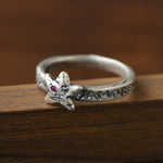 Retro Grunge Starburst & Charm Ring - Handcrafted S925 Sterling Silver Ring with Fuchsia CZ - floysun