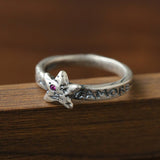 Retro Grunge Starburst & Charm Ring - Handcrafted S925 Sterling Silver Ring with Fuchsia CZ - floysun