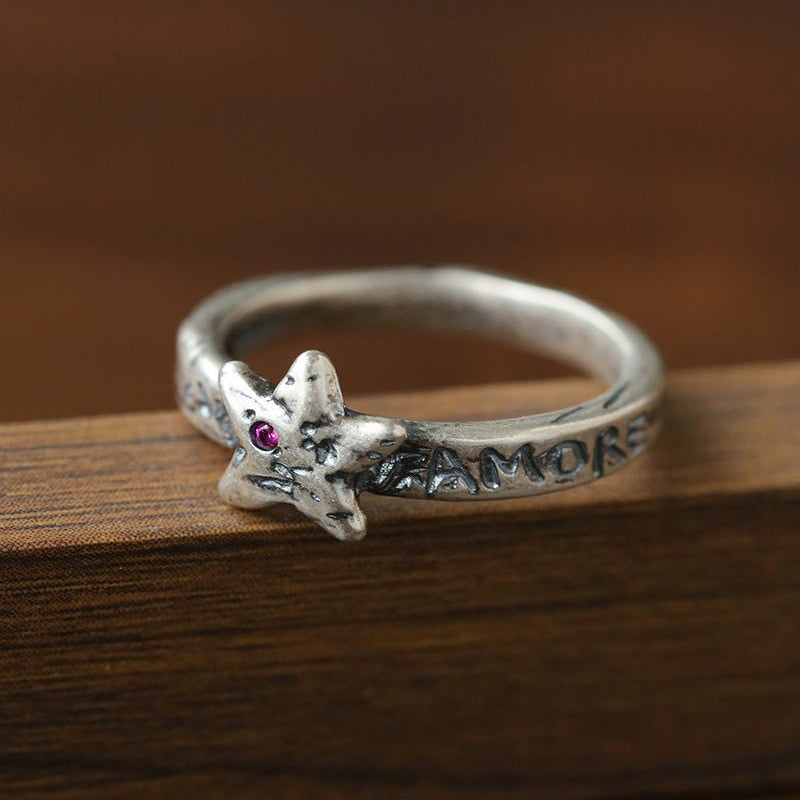 Retro Grunge Starburst & Charm Ring - Handcrafted S925 Sterling Silver Ring with Fuchsia CZ - floysun