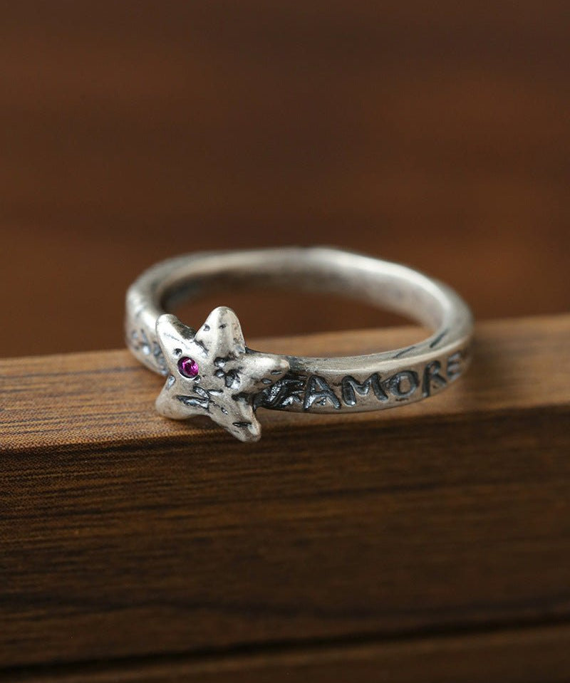 Retro Grunge Starburst & Charm Ring - Handcrafted S925 Sterling Silver Ring with Fuchsia CZ - floysun