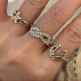 Retro Grunge Starburst & Charm Ring - Handcrafted S925 Sterling Silver Ring with Fuchsia CZ - floysun