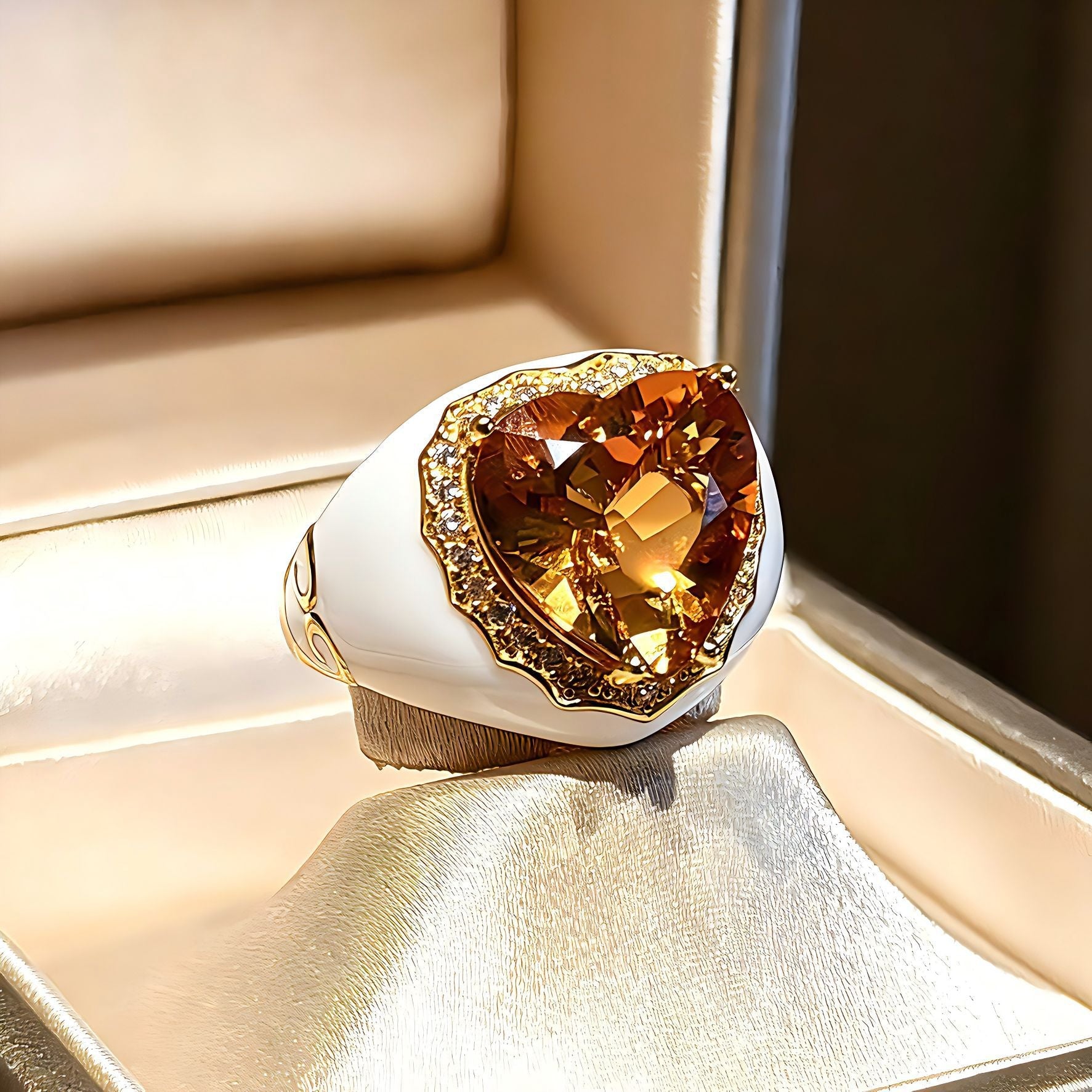 Retro Old Money Heart Citrine Statement Ring - Textured 18K Gold Plated S925 Silver Band - floysun