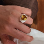 Retro Old Money Heart Citrine Statement Ring - Textured 18K Gold Plated S925 Silver Band - floysun