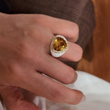 Retro Old Money Heart Citrine Statement Ring - Textured 18K Gold Plated S925 Silver Band - floysun