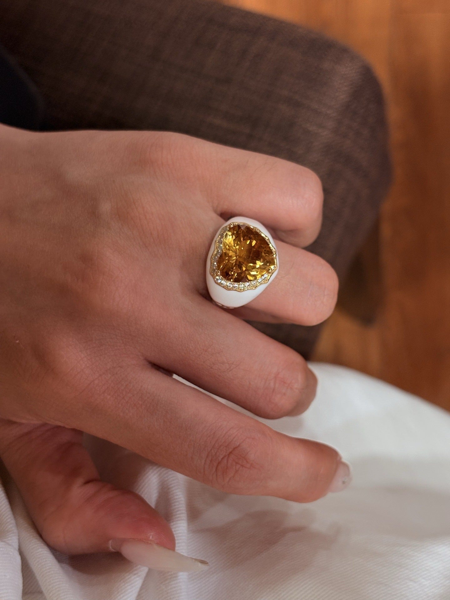 Retro Old Money Heart Citrine Statement Ring - Textured 18K Gold Plated S925 Silver Band - floysun