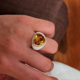 Retro Old Money Heart Citrine Statement Ring - Textured 18K Gold Plated S925 Silver Band - floysun