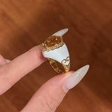 Retro Old Money Heart Citrine Statement Ring - Textured 18K Gold Plated S925 Silver Band - floysun