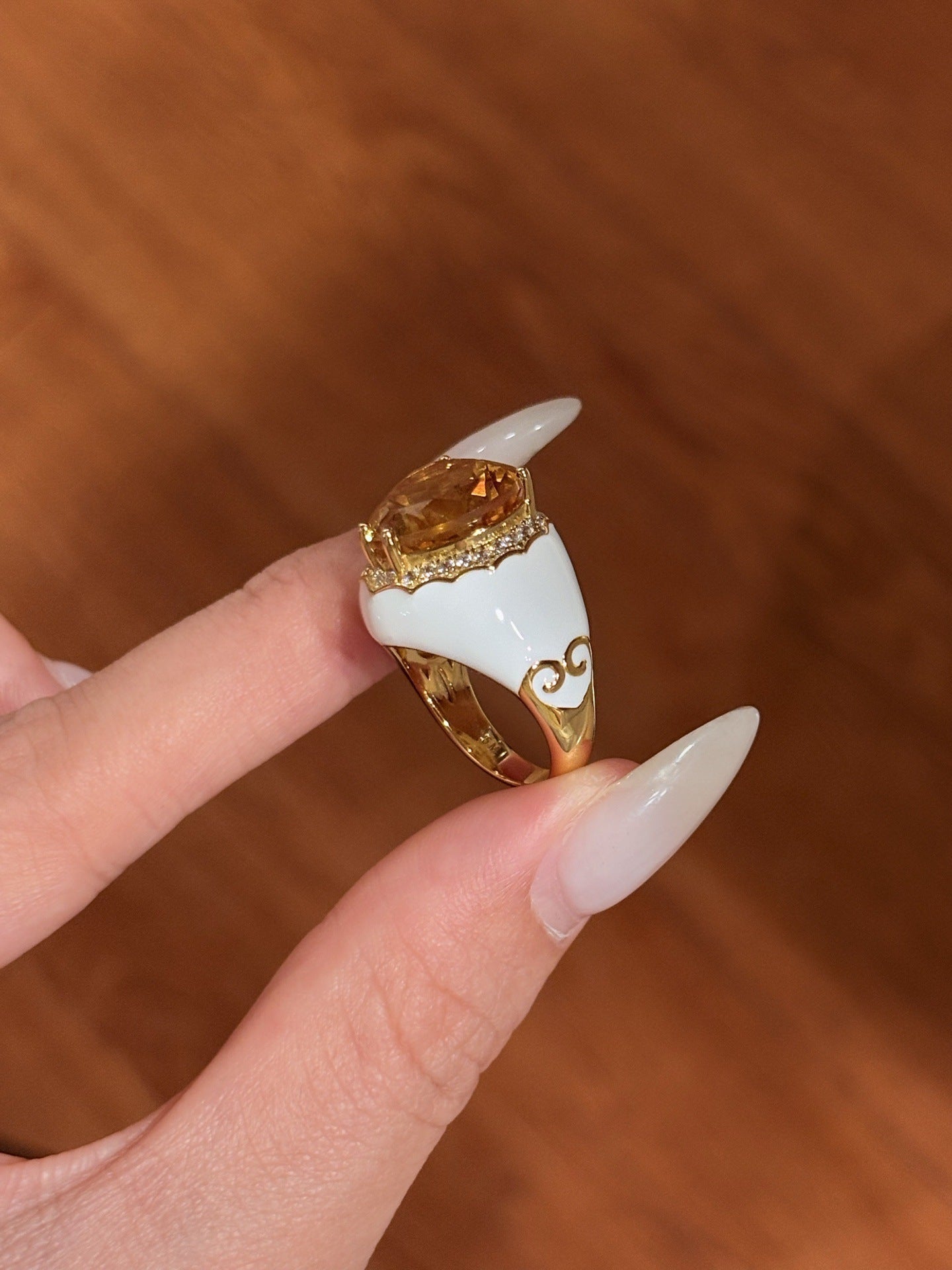 Retro Old Money Heart Citrine Statement Ring - Textured 18K Gold Plated S925 Silver Band - floysun