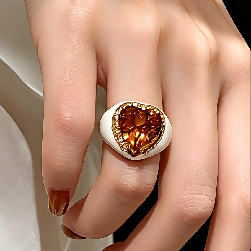 Retro Old Money Heart Citrine Statement Ring - Textured 18K Gold Plated S925 Silver Band - floysun