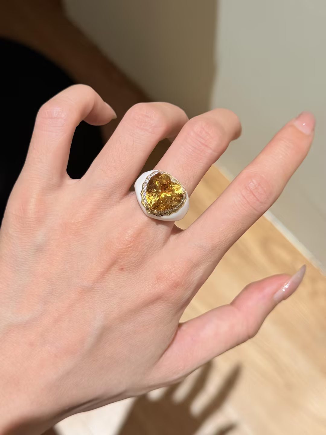 Retro Old Money Heart Citrine Statement Ring - Textured 18K Gold Plated S925 Silver Band - floysun