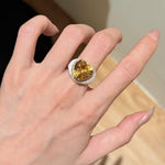 Retro Old Money Heart Citrine Statement Ring - Textured 18K Gold Plated S925 Silver Band - floysun
