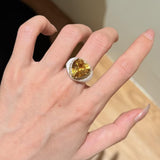 Retro Old Money Heart Citrine Statement Ring - Textured 18K Gold Plated S925 Silver Band - floysun