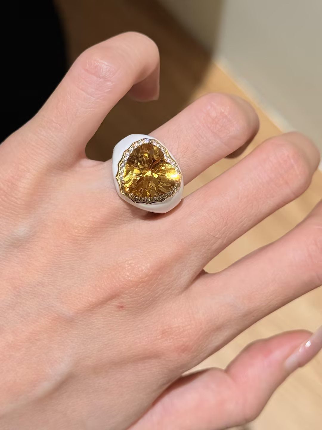 Retro Old Money Heart Citrine Statement Ring - Textured 18K Gold Plated S925 Silver Band - floysun