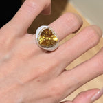Retro Old Money Heart Citrine Statement Ring - Textured 18K Gold Plated S925 Silver Band - floysun