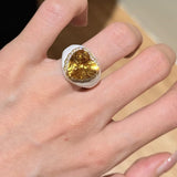 Retro Old Money Heart Citrine Statement Ring - Textured 18K Gold Plated S925 Silver Band - floysun