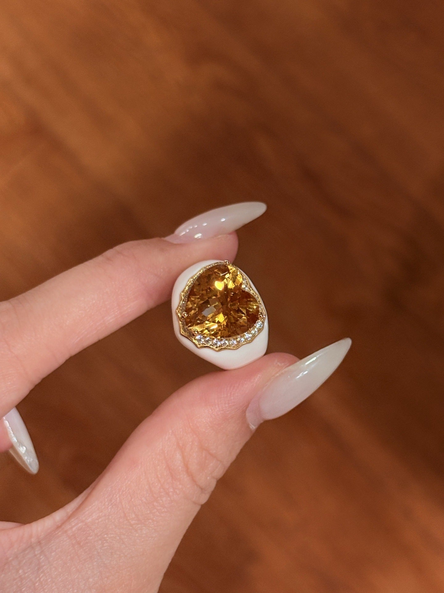 Retro Old Money Heart Citrine Statement Ring - Textured 18K Gold Plated S925 Silver Band - floysun