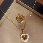 Retro Old Money Heart Citrine Statement Ring - Textured 18K Gold Plated S925 Silver Band - floysun