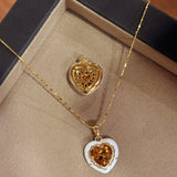Retro Old Money Heart Citrine Statement Ring - Textured 18K Gold Plated S925 Silver Band - floysun