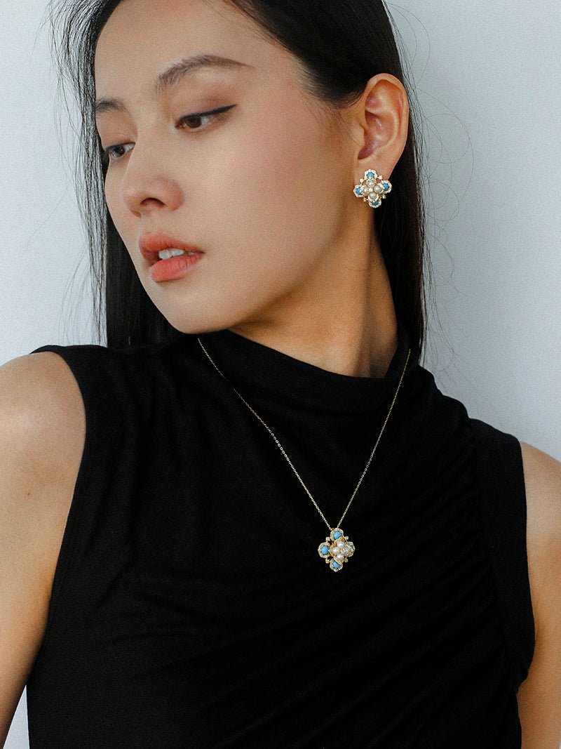 Retro Turquoise Clover Pearl Studs - floysun