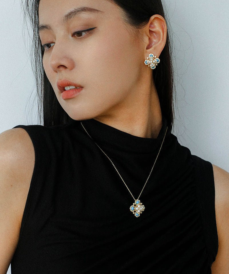 Retro Turquoise Clover Pearl Studs - floysun